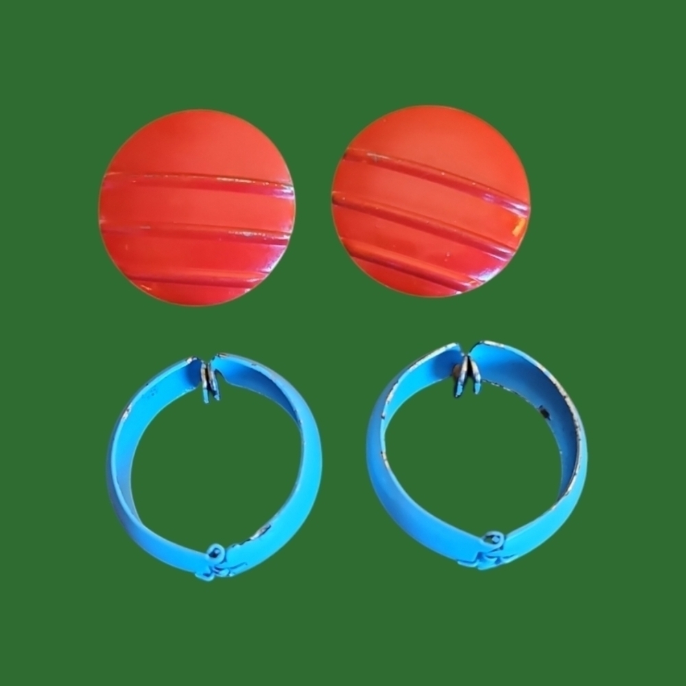3/$30 Vintage Metal Clip-on Hoop and Red Circle Candy Doll Post Earrings